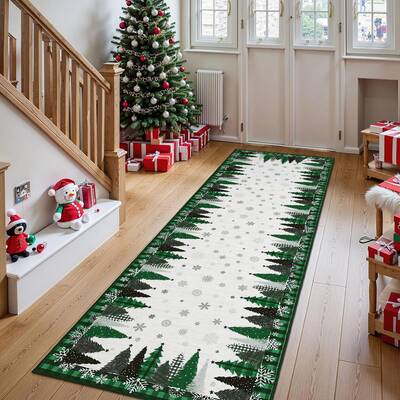 Garvee Christmas Tree Pattern Green 2x10  Rug - Washable Non-Slip & Stain Resistant Low Pile for Hallway, Entryway & Festive ...