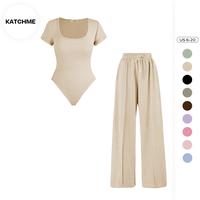 Women's Trendy Square Neck Shaping Bodysuit & High Waist Wide Leg Pockets Trousers Co-ord,Short Sleeve Shapewear,Two-Piece Ou...