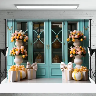 Cyan Window And Parterre Eggs Gifts Easter Backdrop - Aperturee