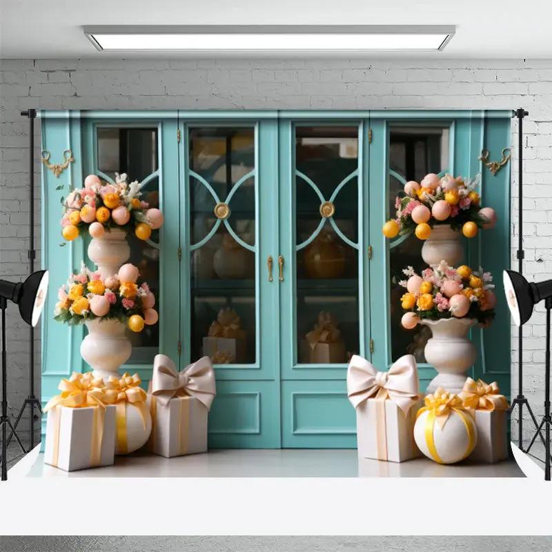 Cyan Window And Parterre Eggs Gifts Easter Backdrop - Aperturee