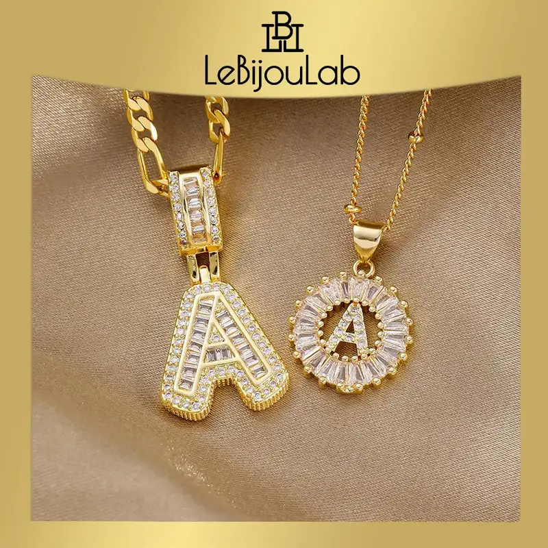 [LeBijouLab] 2 Pieces Initial Letter Necklace Set with Zirconia Stones, Golden Bubble Initial Necklaces for Women, Birthday G...