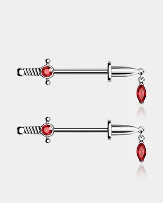 2PCS Sword Red Gems Nipple Barbell Rings - Silver