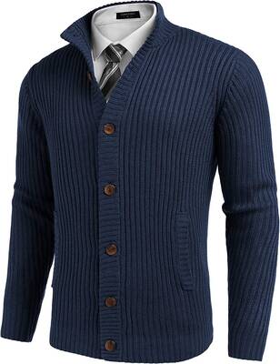 Stand Collar Button Down Sweaters (US Only), Navy Blue / XXL