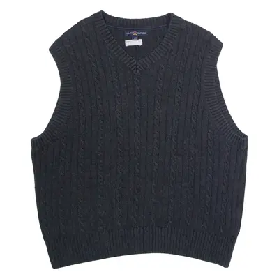 TOMMY HILFIGER Mens Vest Grey V-Neck 90s Cable Knit Sleeveless L