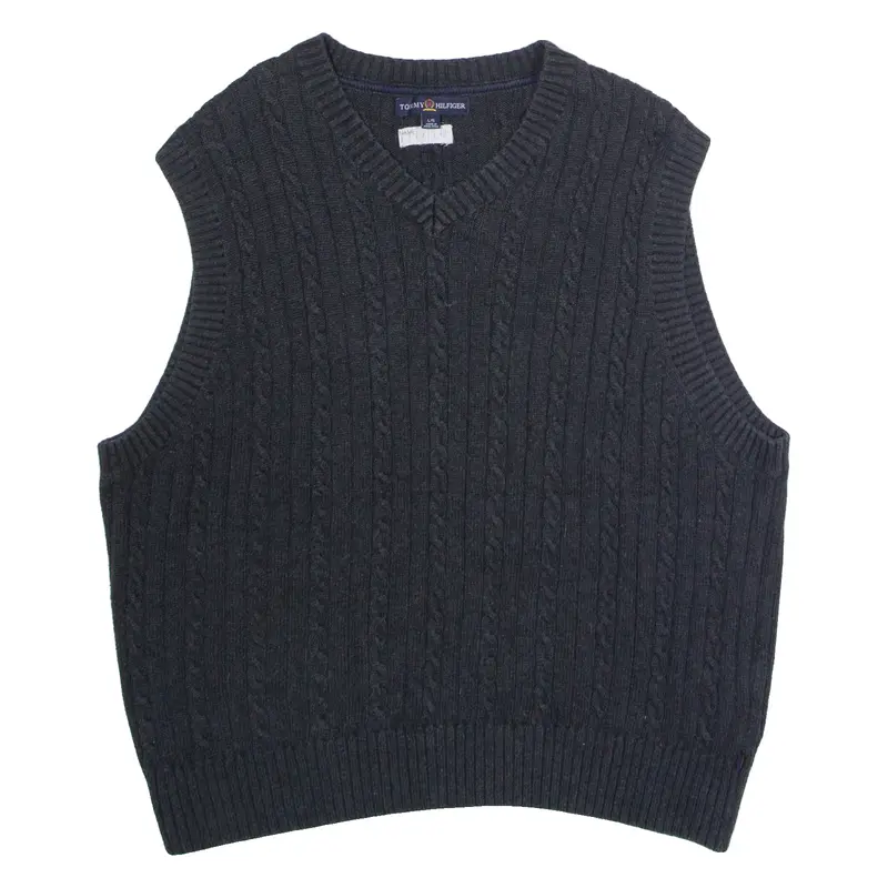 TOMMY HILFIGER Mens Vest Grey V-Neck 90s Cable Knit Sleeveless L