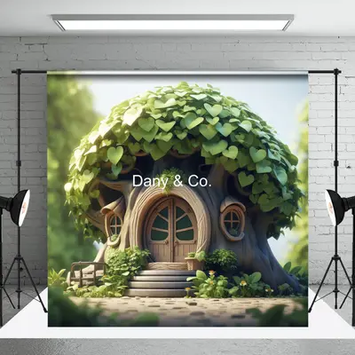 Cute Green Leaves Wooden House Spring Photo Backdrop - Aperturee