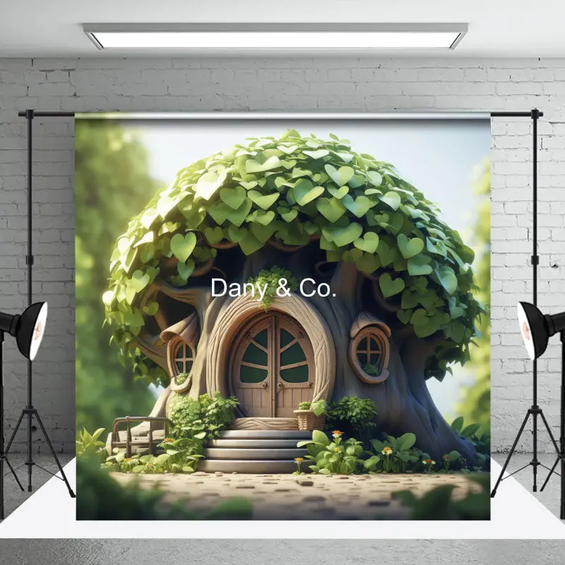 Cute Green Leaves Wooden House Spring Photo Backdrop - Aperturee