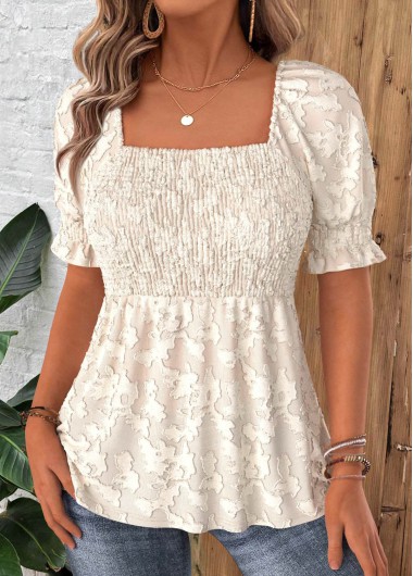 Modlily Beige Short Sleeve Square Neck Blouse - XL