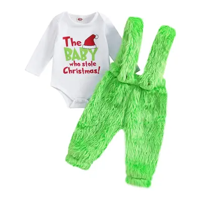 Baby Christmas Outfit Boys Girls Long Sleeves Romper Bodysuit + Green Furry Suspender Trousers Newborn Infant Baby First Chri...