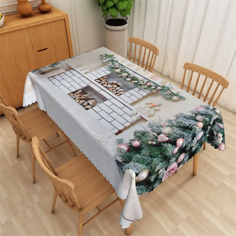 Brick Fireplace Christmas Tree Tablecloth For Kitchen - Aperturee