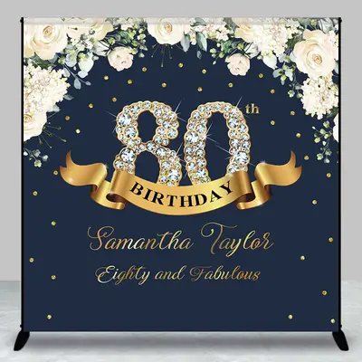 Custom Navy Blue Pink Floral 80th Birthday Backdrop - Aperturee
