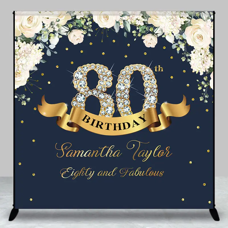 Custom Navy Blue Pink Floral 80th Birthday Backdrop - Aperturee