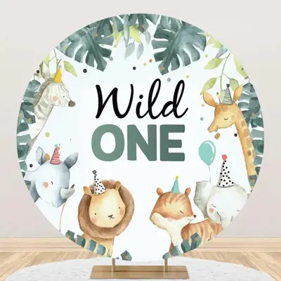 Wild One Animals Green Leaves Round Birthday Backdrop - Aperturee