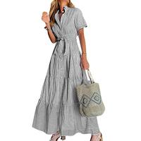 utcoco women's summer striped dress with tie waist ruffles long casual Shortsleeve Womenswear summer dress