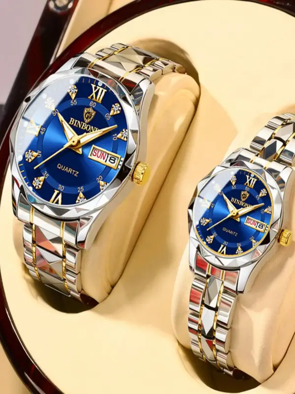 Couple Casual Water Resistant Watch, Fashion Waterproof Round Dial Analog Stainless Steel Quartz Watch Set with Date & Week D...