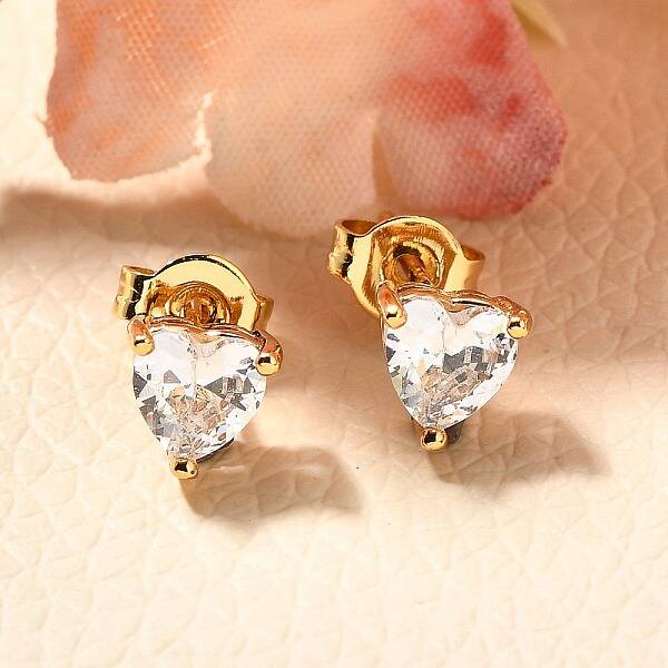 Heart Brass Micro Pave Clear Cubic Zirconia Stud Earrings