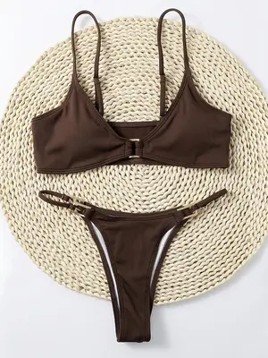 Women's Solid Ring Linked Frankies Bikini Swimsuit Set, Casual Swimwear Set, 2024 Summer Bathing Suits, Women's Swimwear for ...