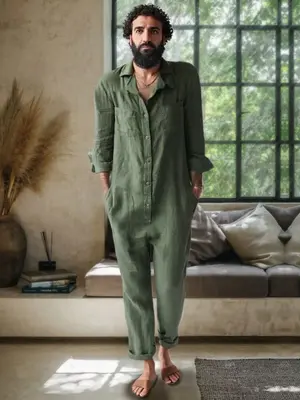 Casual Solid Linen Blend Jumpsuit, Army Green / M
