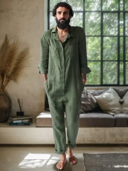 Casual Solid Linen Blend Jumpsuit, Army Green / M