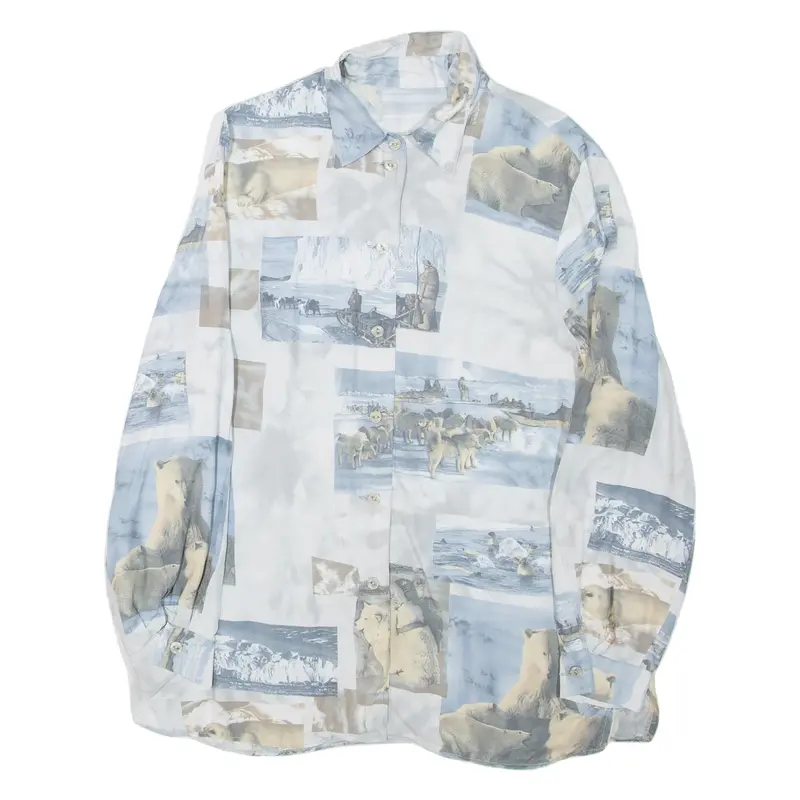 Womens Printed Shirt Grey Collared Long Sleeve Crazy Pattern M