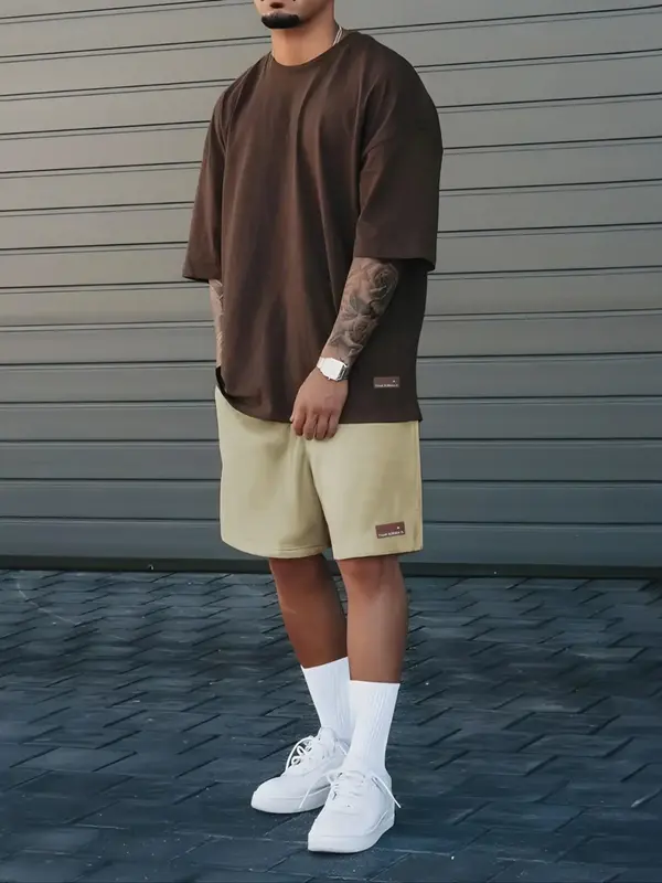 Men's Solid Drop Shoulder Short Sleeve Tee & Patched Drawstring Pocket Shorts Two-piece Set,  Outfit Sets for Men, Birthday O...