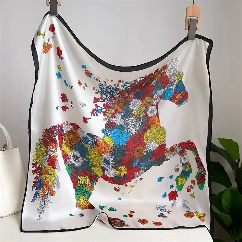 100% Silk Floral Horse Print Scarf 26.8’’ x 26.8– Elegant Headscarf, Fashion Wrap, Gift Idea