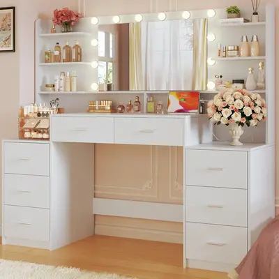 Large Vanity Desk with Mirror & Lights, White Makeup Vanity with 8 Drawers & 6 Storage Shelves, Vanity Set with LED Lights an...
