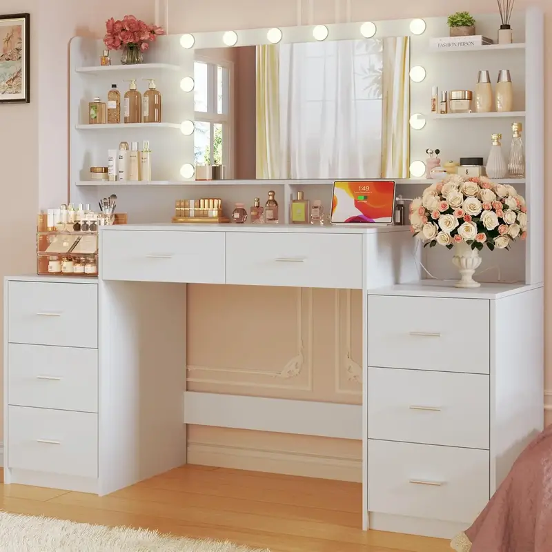 Large Vanity Desk with Mirror & Lights, White Makeup Vanity with 8 Drawers & 6 Storage Shelves, Vanity Set with LED Lights an...