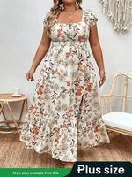 【Plus Size】 Floral Print Split Thigh Tie Front Vintage Dress, Boho Puff Sleeve Square Neck A Line Dress for Summer, Capri...