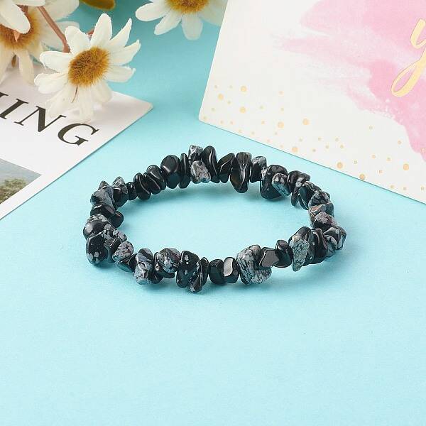 Natural Snowflake Obsidian Chip Bead Stretch Bracelets for Children