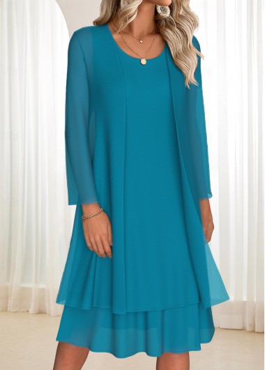 Modlily Turquoise Tummy Coverage Long Sleeve Dress and Cardigan - L