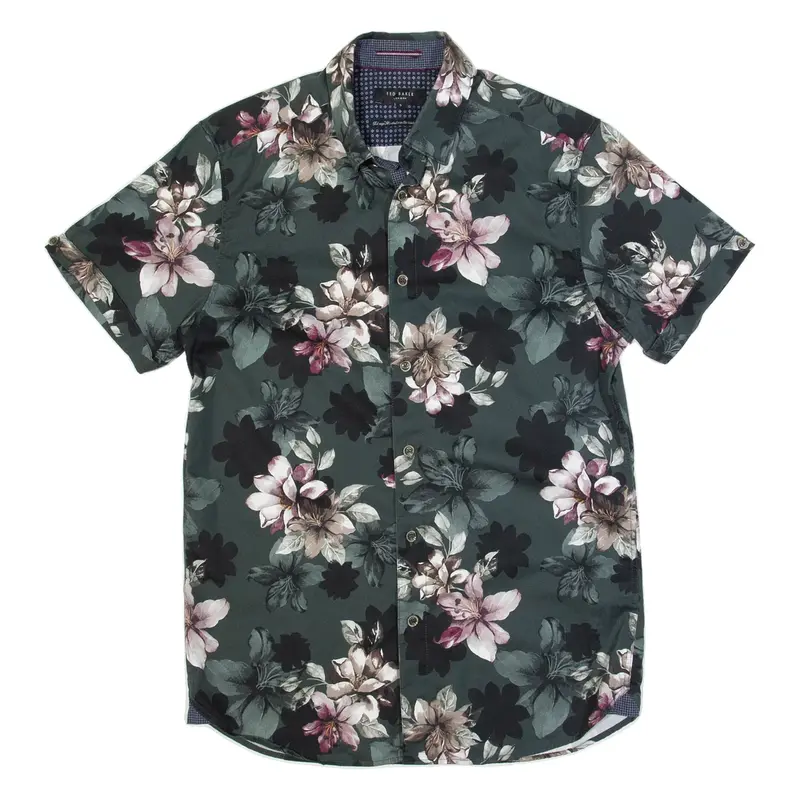 TED BAKER Mens Shirt Black Floral Short Sleeve S