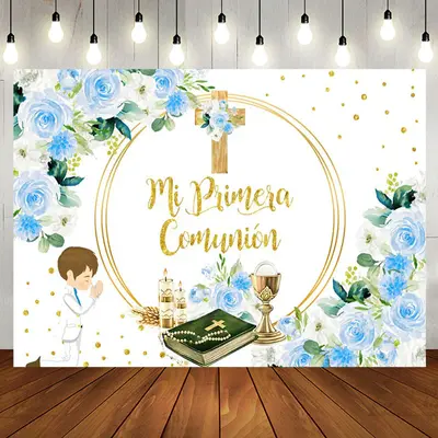 Mi Primera Comunion Cross Flowers Baptism Backdrop - Aperturee