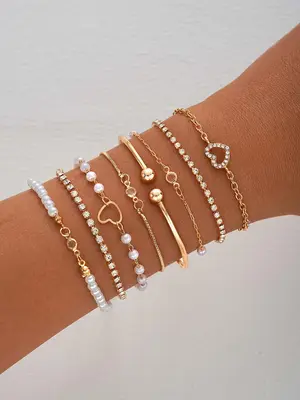 Women's Faux Pearl & Hollow Out Heart Design Exquisite Bracelet, Adjustable Link Bracelet, Simple Design Beaded Matching Brac...