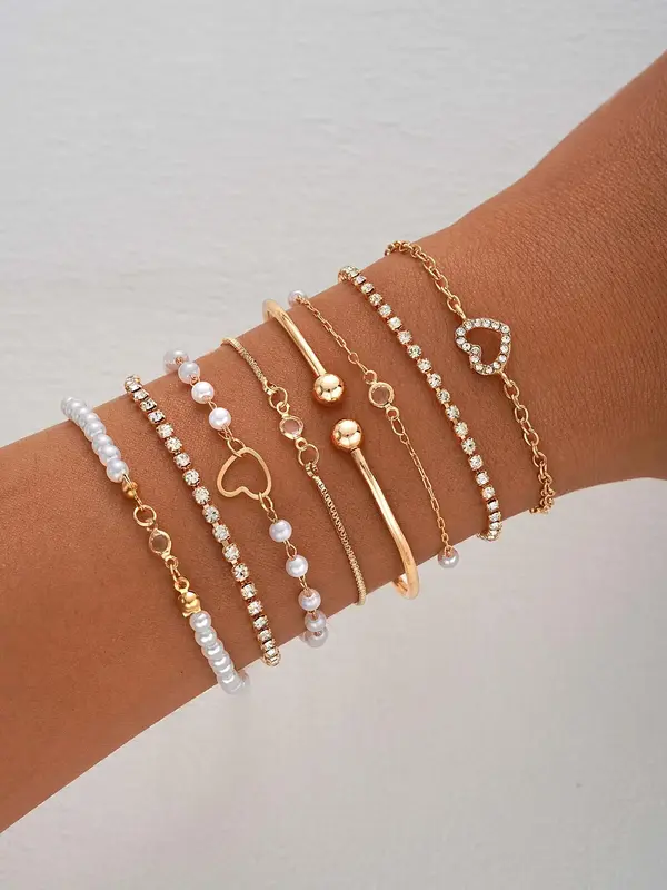 Women's Faux Pearl & Hollow Out Heart Design Exquisite Bracelet, Adjustable Link Bracelet, Simple Design Beaded Matching Brac...