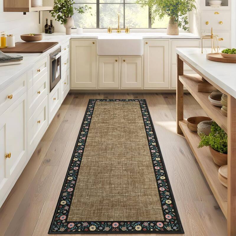 Garvee Bordered Brown 2x6 Entryway Rugs Floral Bordered Runner Non-Slip Low Pile Washable Polyester Kitchen Hallway Bedroom M...