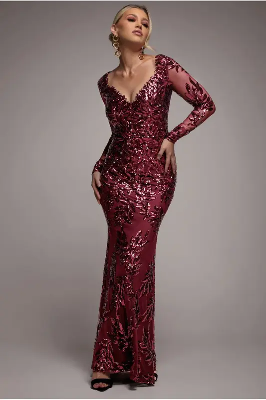 Goddiva Sequin Leaf Long Sleeve Maxi Dress - Burgundy