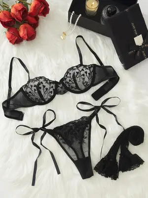 Women's 3pcs Floral Embroidery Bra & Tie Side Panty & Pantyhose Set, Sheer Lace Lingerie Set for All Seasons, Women's Lingeri...