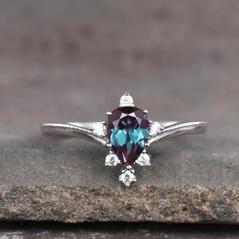 Pear Shaped  Alexandrite Engagement Ring Milgrain Diamond Halo