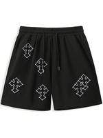 Men's Cross Print Drawstring Waist Shorts, Casual Street Style Baggy Streetwear Regular Fit Pocket Straight Leg Shorts for Su...