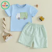 Toddler Boy Summer Outfit Truck Embroidery Short Sleeve Round Neck T-Shirt + Plaid Shorts 2Pcs Set
