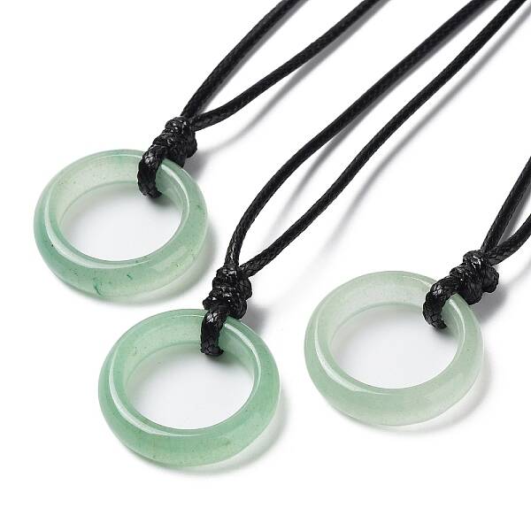 Natural Green Aventurine Ring Pendant Necklace with Waxed Cords
