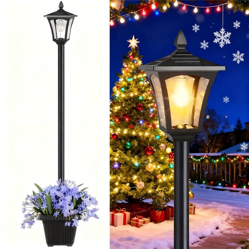 65 Solar Lamp Post Light with Planter, Glass 60 Lumens Solar Garden Lights Outdoor Waterproof Solar Pole Lights Patio D