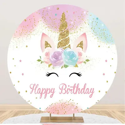 Round White Floral Unicorn Happy Birthday Backdrop - Aperturee