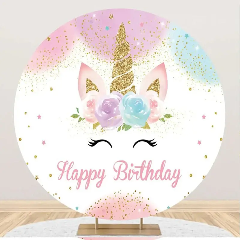 Round White Floral Unicorn Happy Birthday Backdrop - Aperturee