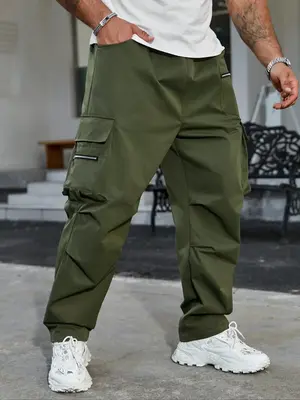 【Plus Size】 Men's Solid Color Drawstring Waist Cargo Pants, Casual Pocket Zipper Design Trousers for Daily Wear, Fashion ...