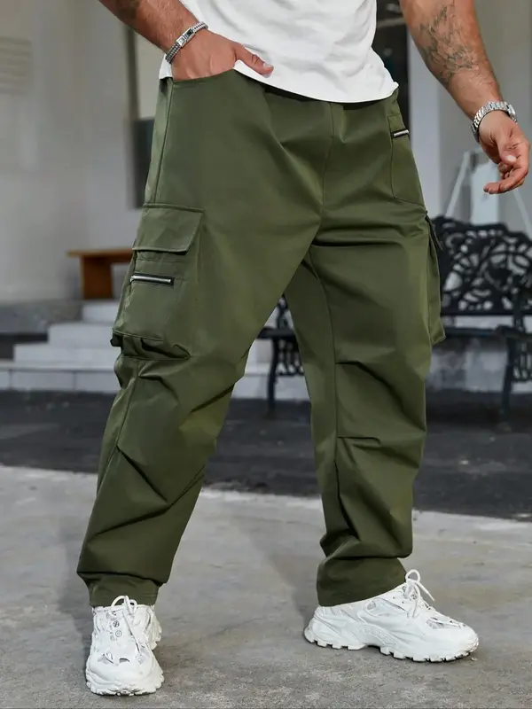 【Plus Size】 Men's Solid Color Drawstring Waist Cargo Pants, Casual Pocket Zipper Design Trousers for Daily Wear, Fashion ...