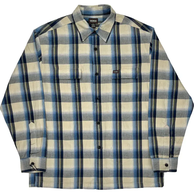 Guess Plaid Long Sleeve Shirt - Large - Blue Cotton