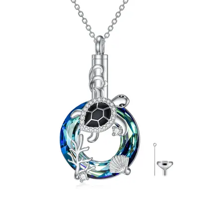 Sterling Silver Round Crystal Sea Turtle Pendant Necklace
