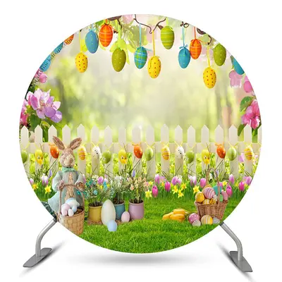 Aperturee Spring Flower Grass Egg Rabit Easter Round Backdrop | Custom Curtain Party Backdrop | Backdrop Sunflower Party Deco...